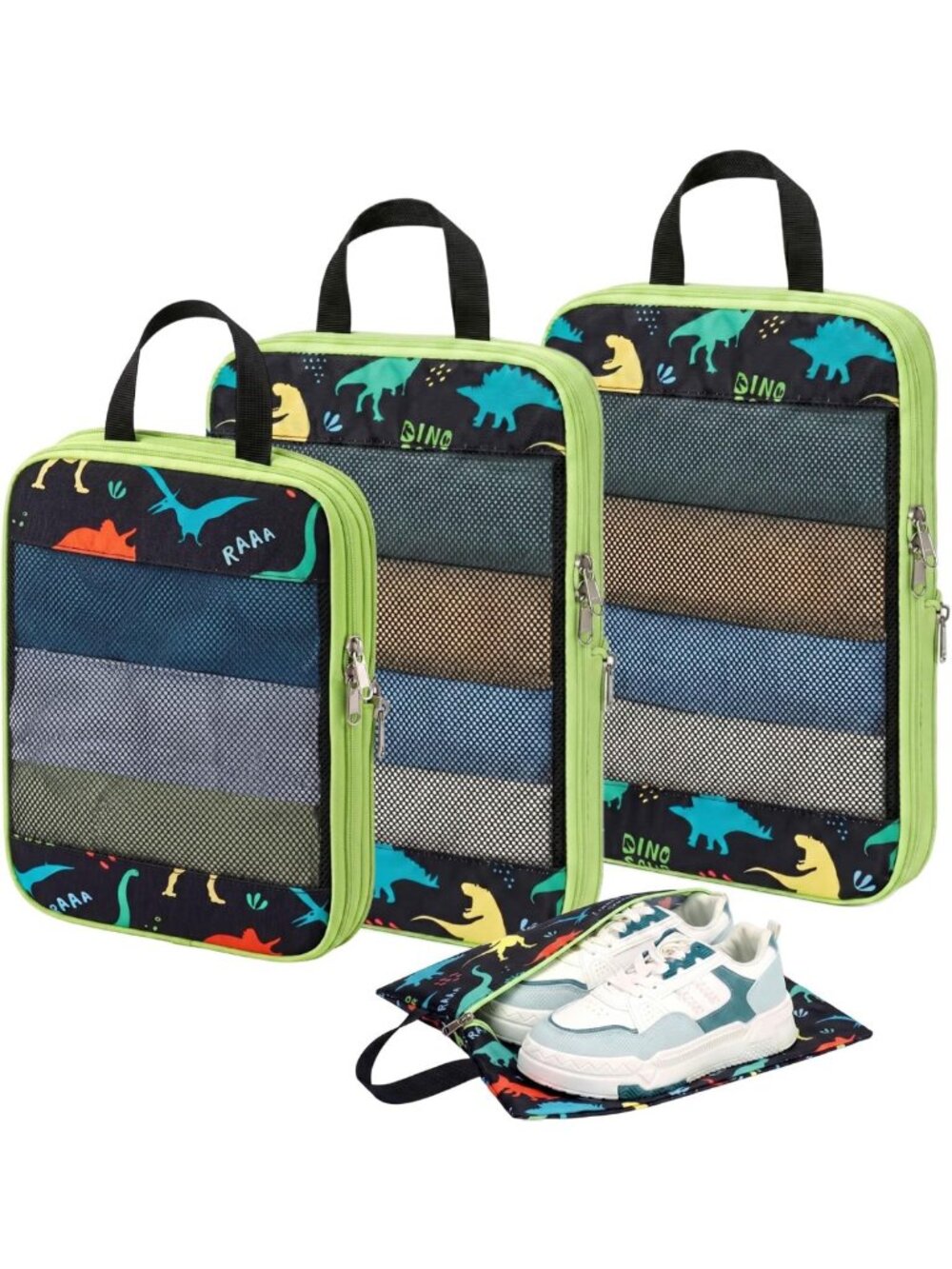 Kids Compression Packing Cubes Set - 4 PCS, Fun Dinosaur Design for Travel